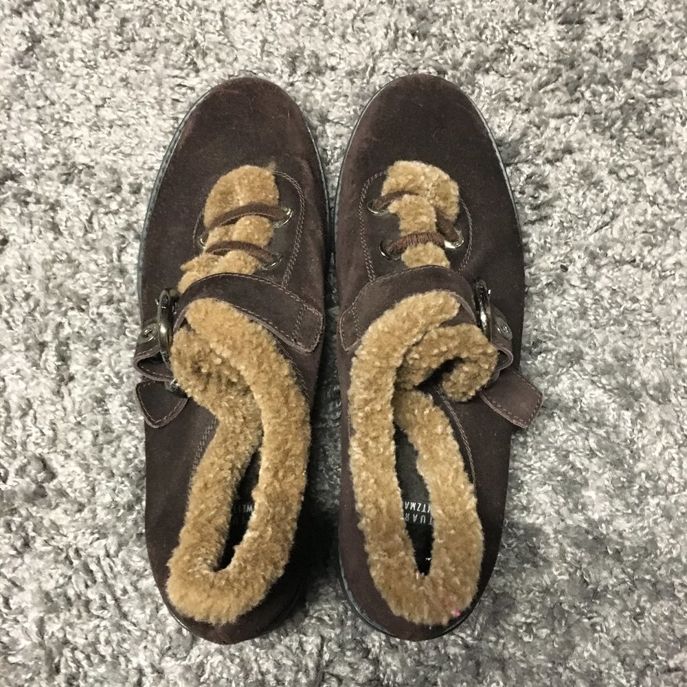 Stuart Weitzman suede fur lined shoes with buckle